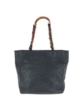 Chanel Vintage CC Logo Black Caviar Leather Marble Chain Tote Shoulder